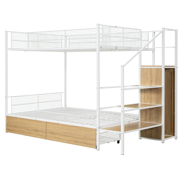 English Elm Twin Metal Bunk Bed Twin-Over-Full with Built-In Drawer, Ladder Storage, Wardrobe & Trundle Utility White SF000174AAK