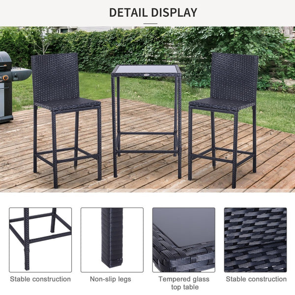 English Elm Outsunny 3-Piece Rattan Bar Set With Glass Top Table & 2 Stools For Stylish Outdoor Lounging W2225P217543-GIGA