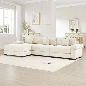 English Elm 130" Oversized Modular L-Shape Sectional Couch In Cream, Luxurious Corduroy, Ergonomic With Ottoman & 9 Pillows W714S01288
