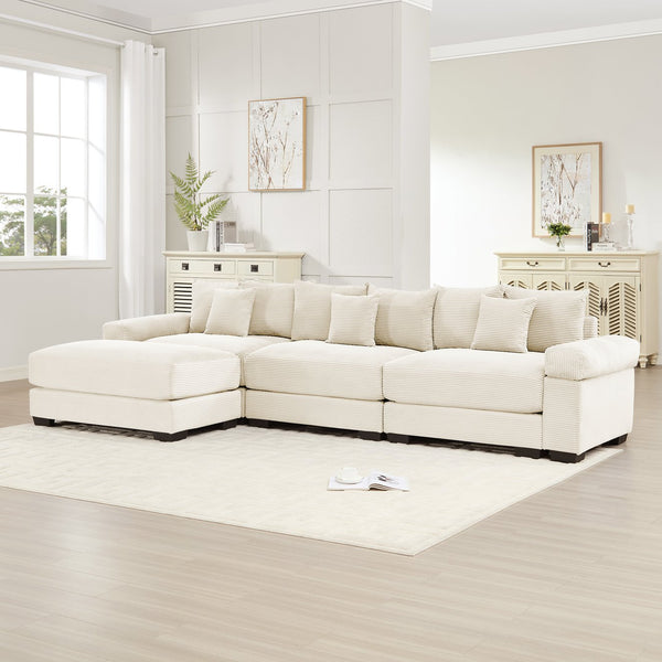 English Elm 130" Oversized Modular L-Shape Sectional Couch In Cream, Luxurious Corduroy, Ergonomic With Ottoman & 9 Pillows W714S01288