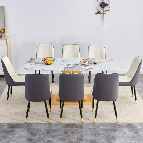 English Elm Table Set With Luxurious Pandora Glass Top & Gold C-Shaped Legs, 8 Ergonomic Pu Chairs Included W1151S03247-GIGA