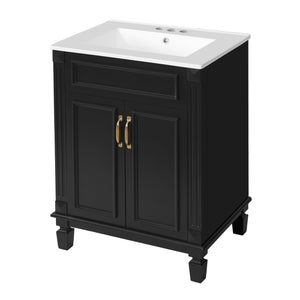 English Elm 24'' Bathroom Vanity with Sink - Solid Wood Frame, Glossy Ceramic Basin, Soft-Close Doors & Ample Storage Elegant Modern Design, Durable MDF Construction, Retro Metal Handles, Compact 24-inch Cabinet Black N710P317675B