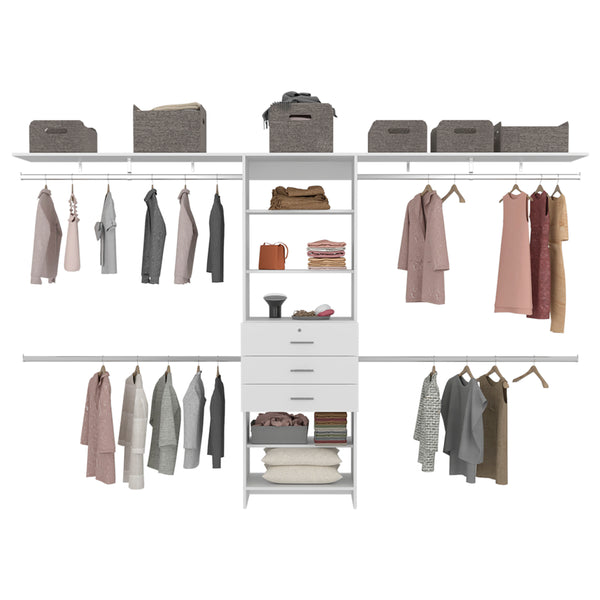 English Elm Plego Adjustable 69"-118" White Closet System with 5 Shelves, 4 Rods & 3 Drawers — MDF Build B200S00419