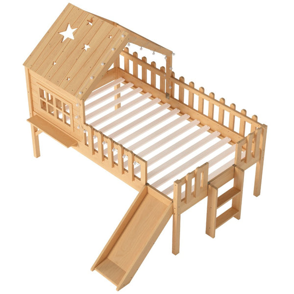 English Elm Twin Playhouse Loft Bed Solid Pine Frame with Slide Led Lights and Star Roof Natural W5316S00002