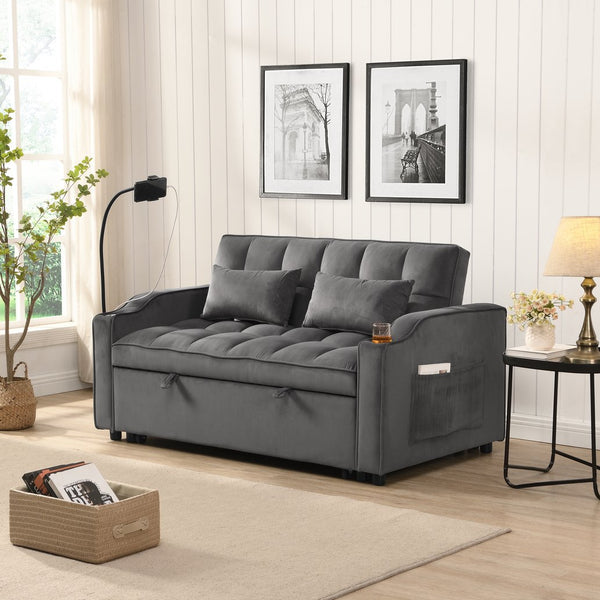 English Elm Sofa Velvet Trundle Bed Dark Gray with USB Ports, Adjustable Back, Space-Saving Convertible Recliner W311P264377