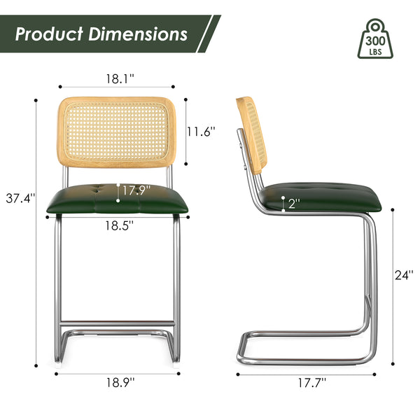 English Elm Farini Velvet Counter Height Bar Stools Set of 2 with Rattan Back, Cantilever Comfort & Floor Protectors Green T3623P354967