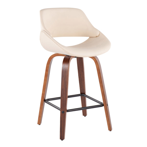 English Elm Fabrico Mid-Century Modern Counter Stool Set Of 2 In Cream Faux Leather & Walnut Wood Finish B202S00257