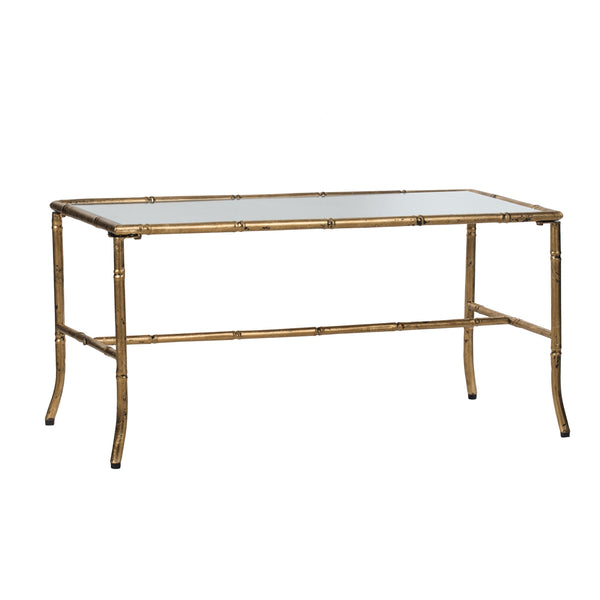 English Elm 36x16x16.5" Bamboo-Style Antique Gold Coffee Table with Glass Top — Vintage Luxe, Sunroom-Ready Statement Piece W2078P370593