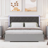 English Elm Queen Size Upholstered Bed With Led Lights,Modern Platform Bed With Velvet Headboard,Grey