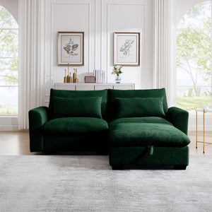 English Elm Sectional cloudlike corduroy sofa sleeper with storage ottoman, modular deep seats, cozy support and style Green W714S00669