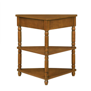 English Elm 33.8'' Small Triangle Corner Table with Solid Wood Legs, Waterproof MDF Top, Rounded Corners, 3-Tier Storage, Rustic Brown W1202P199465