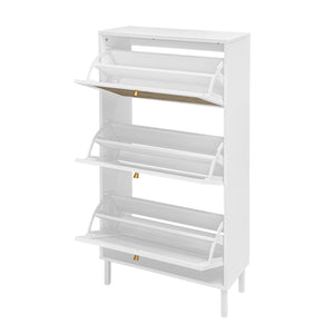 English Elm Rattan 3 Door Shoe Rack with Metal Base and Anti-Slip Feet, Double Shelf Storage for Entryway White W688P211259