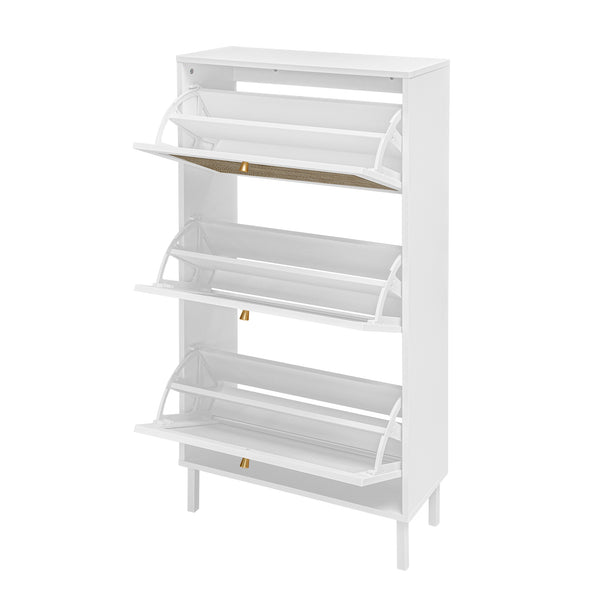English Elm Rattan 3 Door Shoe Rack with Metal Base and Anti-Slip Feet, Double Shelf Storage for Entryway White W688P211259