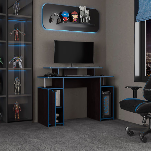 English Elm Keria 47" Gamer Desk with 2 Tiers, Three Shelves & PC Tower Stand — Black MDF, Blue Accent Trim B200P335322