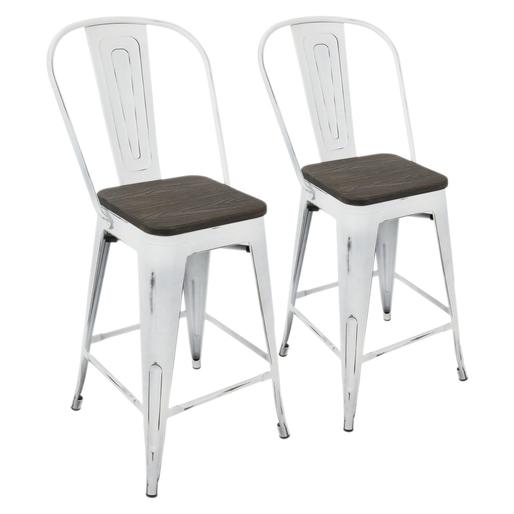 English Elm Oregon Industrial High Back Counter Stool Set of 2 — Vintage White & Espresso, Steel Frame, Bamboo Seats, Rustic Charm B202P222416