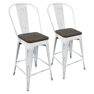 English Elm Oregon Industrial High Back Counter Stool Set of 2 — Vintage White & Espresso, Steel Frame, Bamboo Seats, Rustic Charm B202P222416