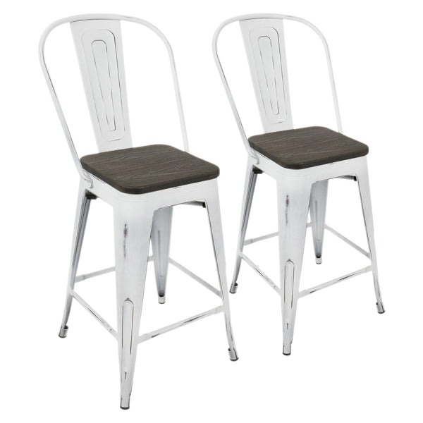 English Elm Oregon Industrial High Back Counter Stool Set of 2 — Vintage White & Espresso, Steel Frame, Bamboo Seats, Rustic Charm B202P222416