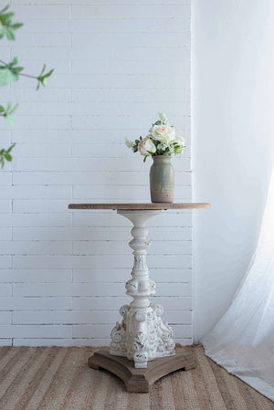 English Elm D22.5x27" Vintage-Inspired Antique White Round Side Table with Carved Floral Pedestal, Fir Wood Finish, Casual French Country Charm W2078P290098