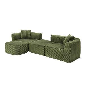 English Elm 114" Cloud Sectional Couch with L-Shape Chaise Modular Corduroy Sofa with Movable Ottoman, No Assembly Required, Plush Comfort for Living Spaces Green W1117P371655