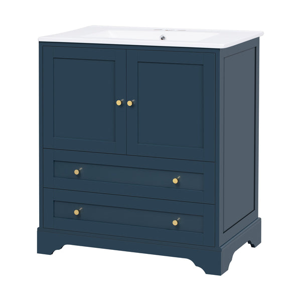 English Elm 30'' Modern Navy Blue Bathroom Vanity With Ceramic Sink, Soft-Close Doors & Gold Handles For Style N710P228365C