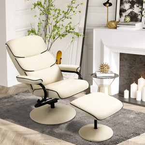 English Elm HOMCOM PU Leather Recliner with Ottoman — Swivel High Back Armchair, 135° Adjustable, Plush Padding Cream White W2225P217428