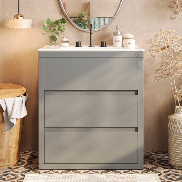 English Elm Christopher Knight Home® - 30" Bathroom Vanity with Ceramic Sink, 2 Soft-Close Full-Extension Drawers, Handle-Free 45° Design, Durable MDF Gray N817P280549G