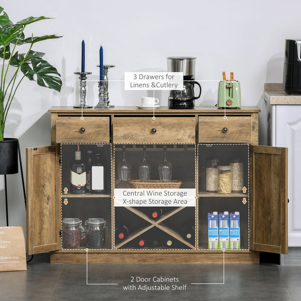 English Elm Homcom Rustic Oak Farmhouse Coffee Bar Cabinet With Wine Rack, Drawers & Versatile Storage Solutions W2225P217399