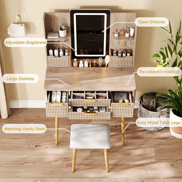 English Elm 4-Drawer Vanity Desk with LED Mirror, Fluted Carved Design, Jewelry Organizer, PU Stool, Metal Legs for Bedroom W2700P369515