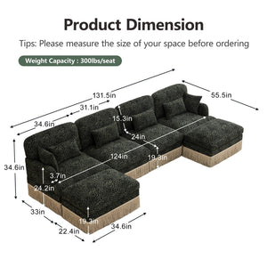 English Elm 131"comfy Chenille Leopard Print U-shaped Sectional with Tassel Trim and Modular Ottomans Green W5656S00036