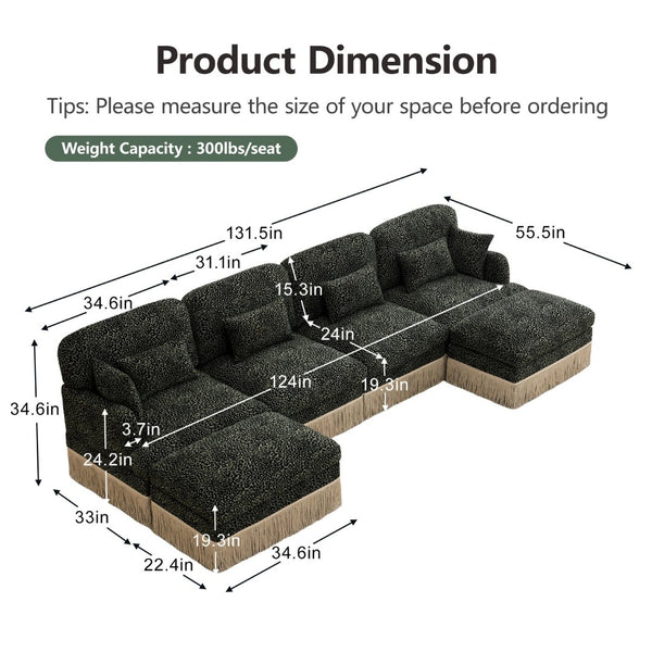English Elm 131"comfy Chenille Leopard Print U-shaped Sectional with Tassel Trim and Modular Ottomans Green W5656S00036