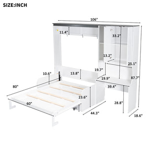 English Elm Multi-functional Queen Murphy Bed with Sofa Desk and Cabinet White Wood Frame N7090000606K-1