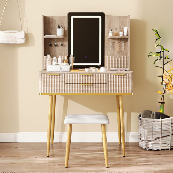 English Elm 4-Drawer Vanity Desk with LED Mirror, Fluted Carved Design, Jewelry Organizer, PU Stool, Metal Legs for Bedroom W2700P369515
