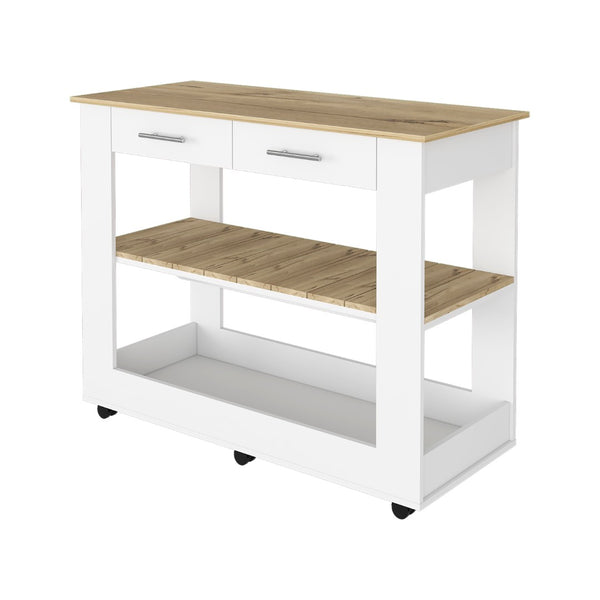 English Elm Brooklyn Rolling Kitchen Island with Two Drawers Open Shelves Rustic Farmhouse Style B128P148886
