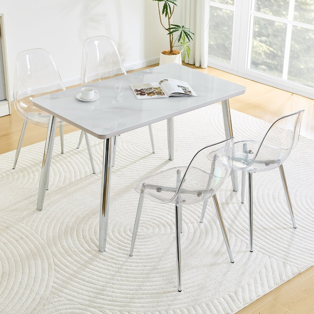 English Elm Table and Chair Set Marble Veined Glass Top Silver Legs with Four Clear Acrylic Seats W1151S04643