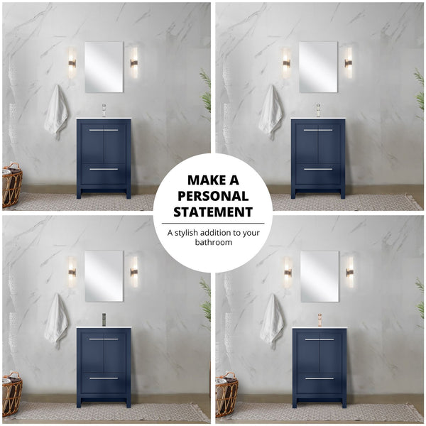 English Elm Navy Blue Bath Vanity Set With White Quartz Top, Brushed Nickel Faucet & Matching Mirror, 24 In. B2731S02024