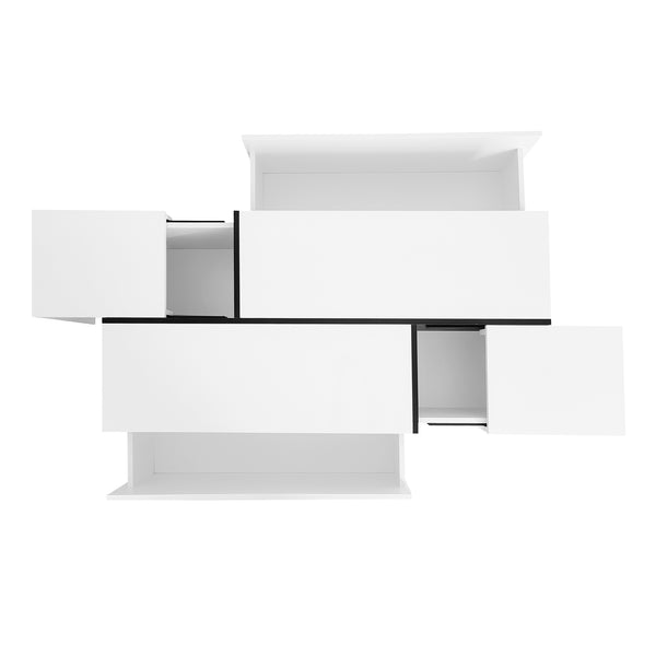 English Elm U-Can Extendable Coffee Table with Hidden Side Compartments and Dual Drawers, High-Gloss MDF Elegance White N724P292070K