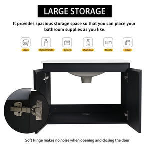 English Elm 24" Wall-Mounted Bathroom Vanity Set With Soft Close Doors, Ceramic Sink, And Side Cabinet Storage W999S00330