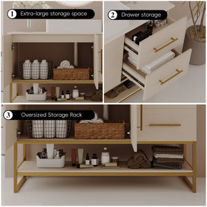 English Elm 47.2" Modern Bathroom Vanity with Ceramic Vessel Sink, Gold Accents, Wood Cabinet, Drawers & Shelf W3136S00027