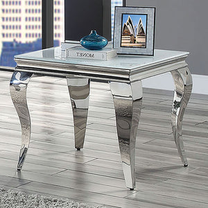 English Elm Glam Stainless Steel Coffee Table with Beveled Tempered Glass Top and Elegant Cabriole-Style Legs Silver,White 28 L x 28 W x 4 H B011S01177