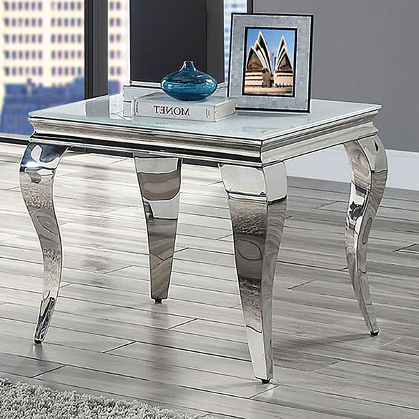 English Elm Glam Stainless Steel Coffee Table with Beveled Tempered Glass Top and Elegant Cabriole-Style Legs Silver,White 28 L x 28 W x 4 H B011S01177