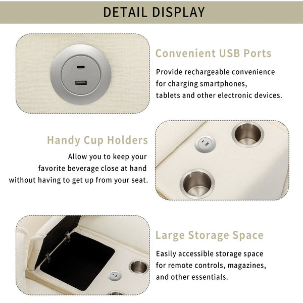 English Elm 111" Sectional Sofa Chenille Upholstered with Removable Ottoman, USB Ports, Cup Holders & Storage Box Beige N719S001480A