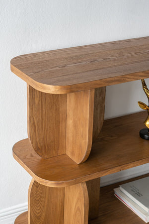 English Elm 47x15x32.5" Three-Tiered Wooden Shelf with Brown Ash Veneer — Organic Modern Console, Media & Display Stand W2078P392489