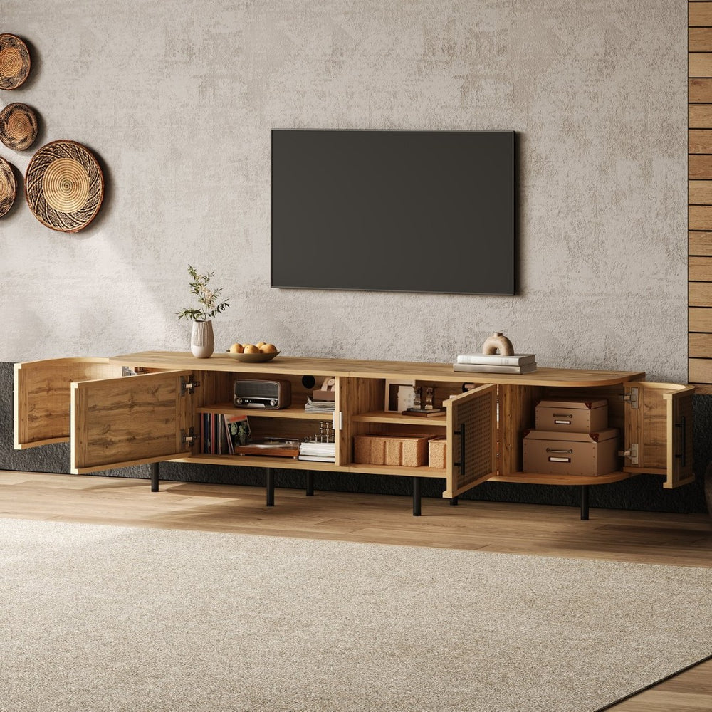 English Elm 70inch Rattan Door Media Console with Iron Legs Natural Wood Finish Living Room N710P429509P