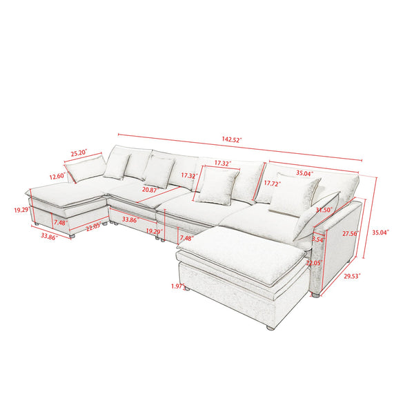 English Elm 142.52"Modern Chenille U-Shaped Sectional Sofa with Convertible Chaise, Solid Wood Frame, Plush Foam Seating and Ottomans for Spacious Living W1036S00058