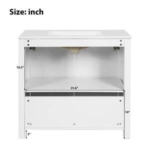 English Elm 36" Bathroom Vanity Organizer with Ceramic Sink, Solid Wood Distressed Finish, Hand-Painted Charm and Ample Storage Antique White N729P255666K