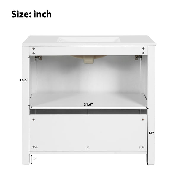 English Elm 36" Bathroom Vanity Organizer with Ceramic Sink, Solid Wood Distressed Finish, Hand-Painted Charm and Ample Storage Antique White N729P255666K
