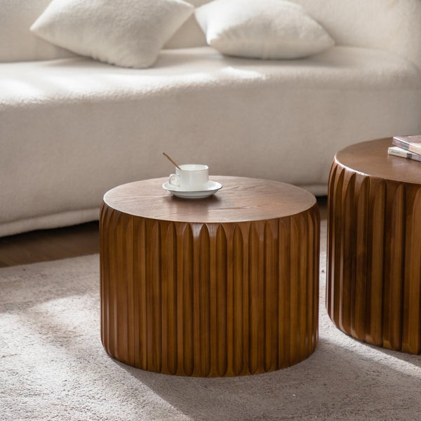 English Elm Set of 2 Fluted Nesting Round Tables Solid Wood Mdf Mid-century Living Room W3158P407134
