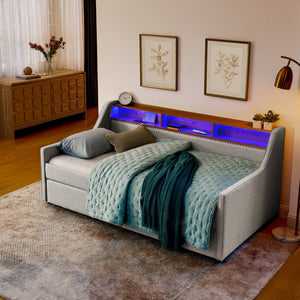 English Elm Twin Size Upholstered Sofa Bed With Led Lighting, Wireless Charging & Storage Drawers In Beige W1413S00056-GIGA