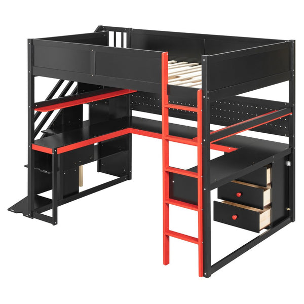 English Elm Full Size Gaming Loft Bed with Led Lighting Desk Shelves and Usb Charging Ports N820S00071J
