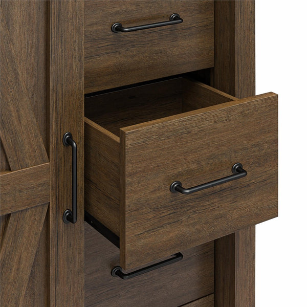 English Elm Alton Farmhouse Chest with Sliding Barn Door Five Drawers and Matte Black Hardware Walnut B2733S00015